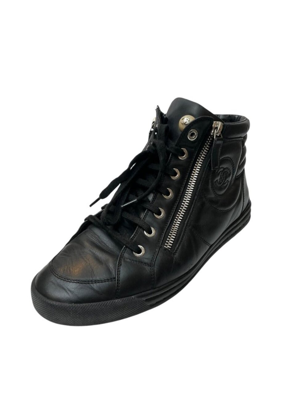 CHANEL Pre-Fall 2014 Black Leather Side Zip High-Top Logo Sneakers sz 9.5